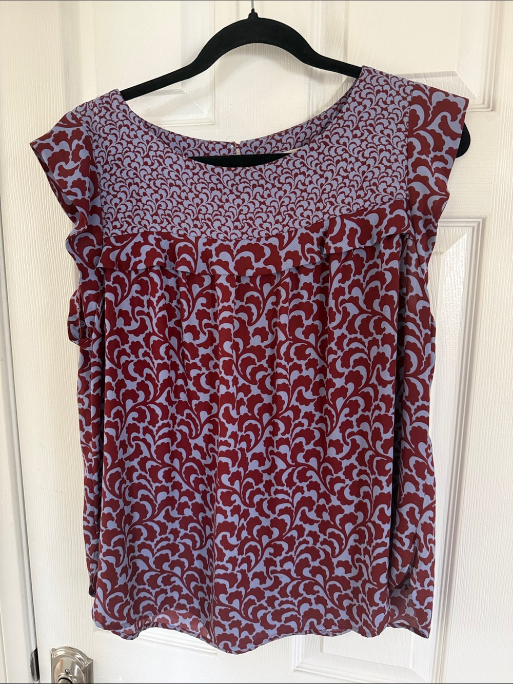 LOFT Burgundy and Light Blue Sleeveless Printed Yoke Blouse